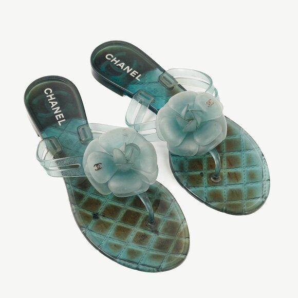 Chanel Green Metallic Jelly Camellia Thong Sandals - Picture 1 of 9